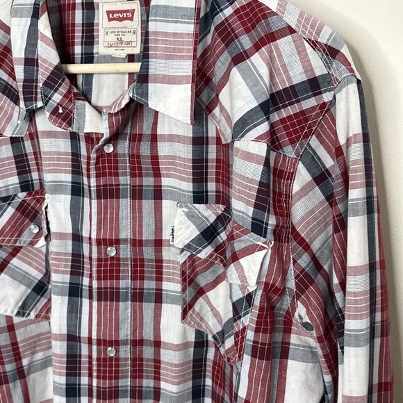 LEVI'S MODERN PLAID LONG SLEEVE SHIRT RED WHITE BLUE COWBOY PEARL SNAP FRONT XL - Picture 6 of 10